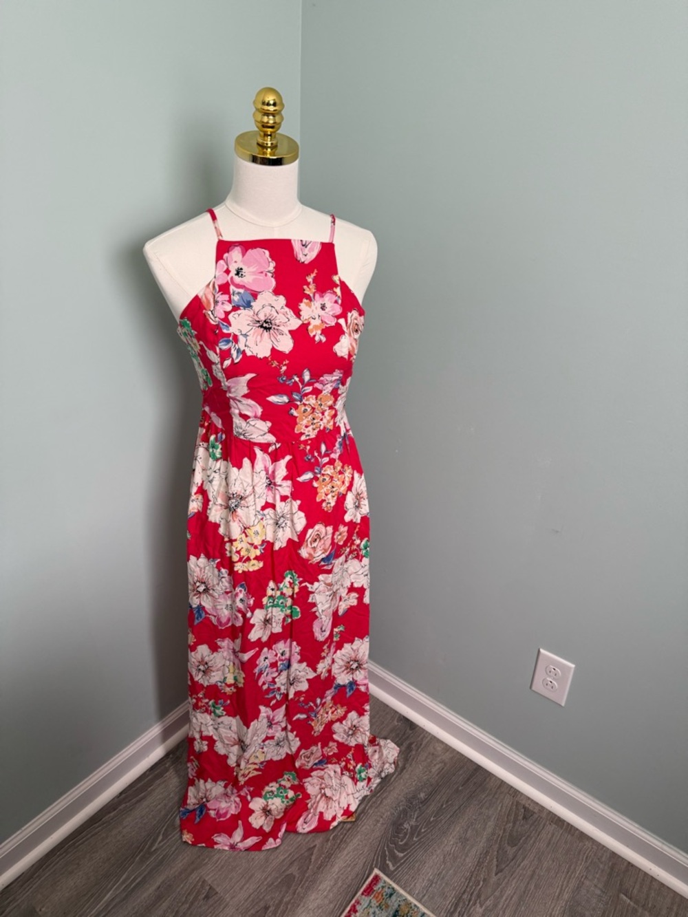 Band of Gypsies Red Floral Apron Halter Maxi Dress Smocked A-Line Summer Med M - Picture 2 of 4